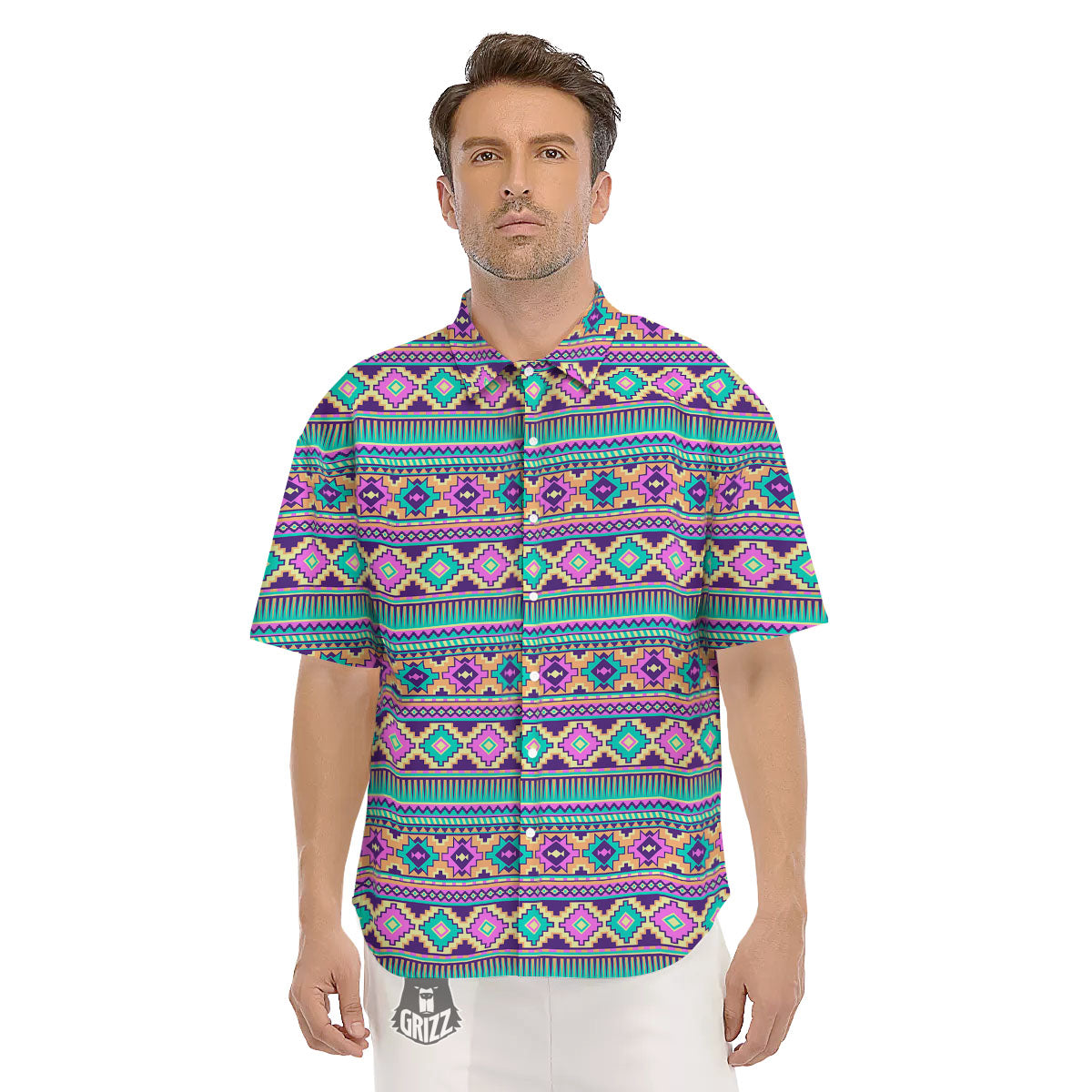 Aztec Neon Native Print Pattern Men's Short Sleeve Shirts-grizzshop