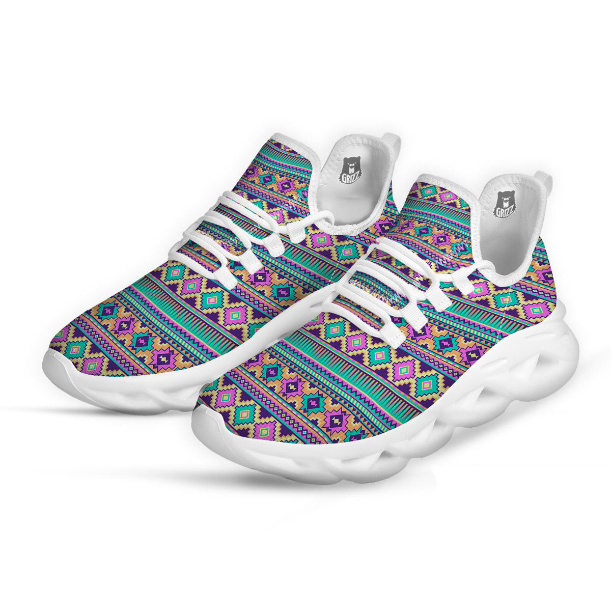 Aztec Neon Native Print Pattern White Running Shoes-grizzshop