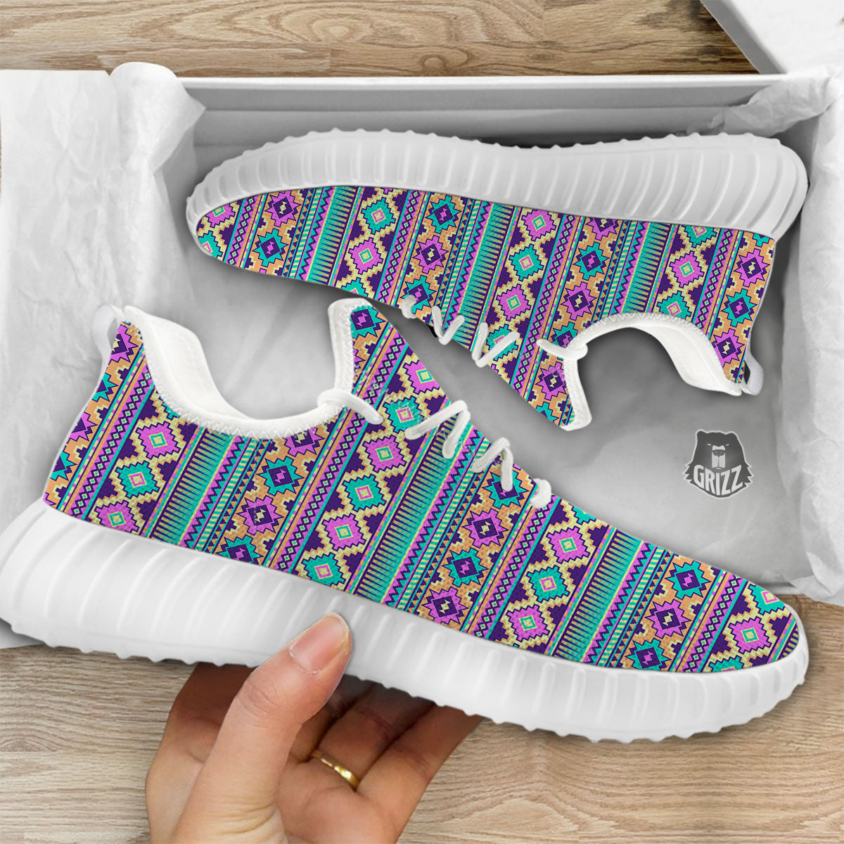 Aztec Neon Native Print Pattern White Walking Shoes-grizzshop