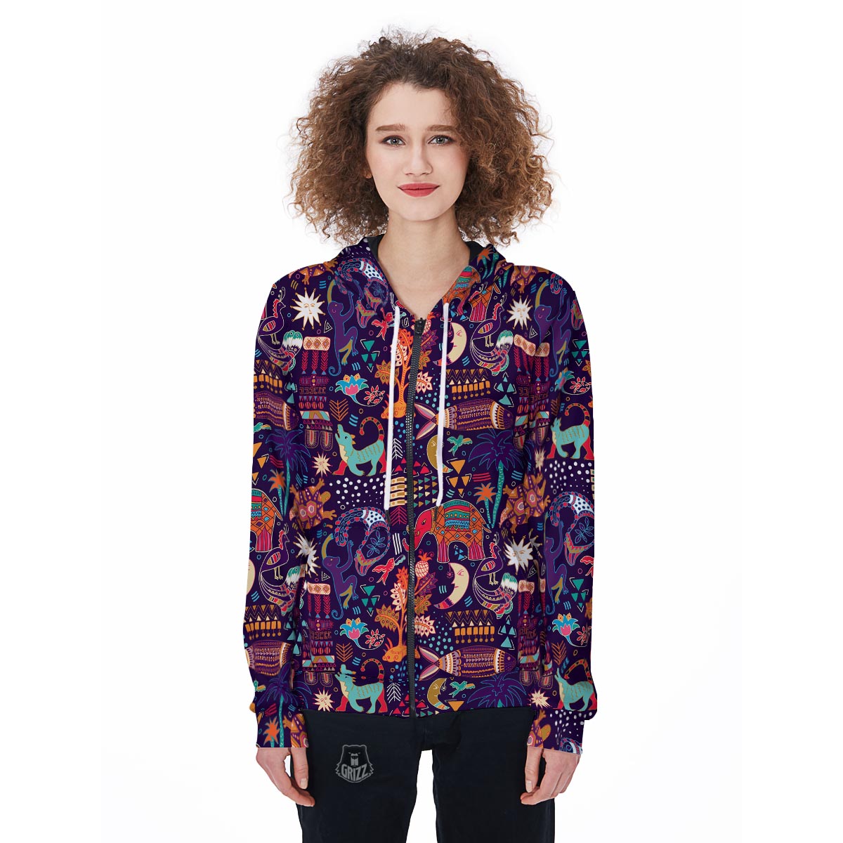 Aztec Psychedelic Trippy Women's Zip Up Hoodie-grizzshop