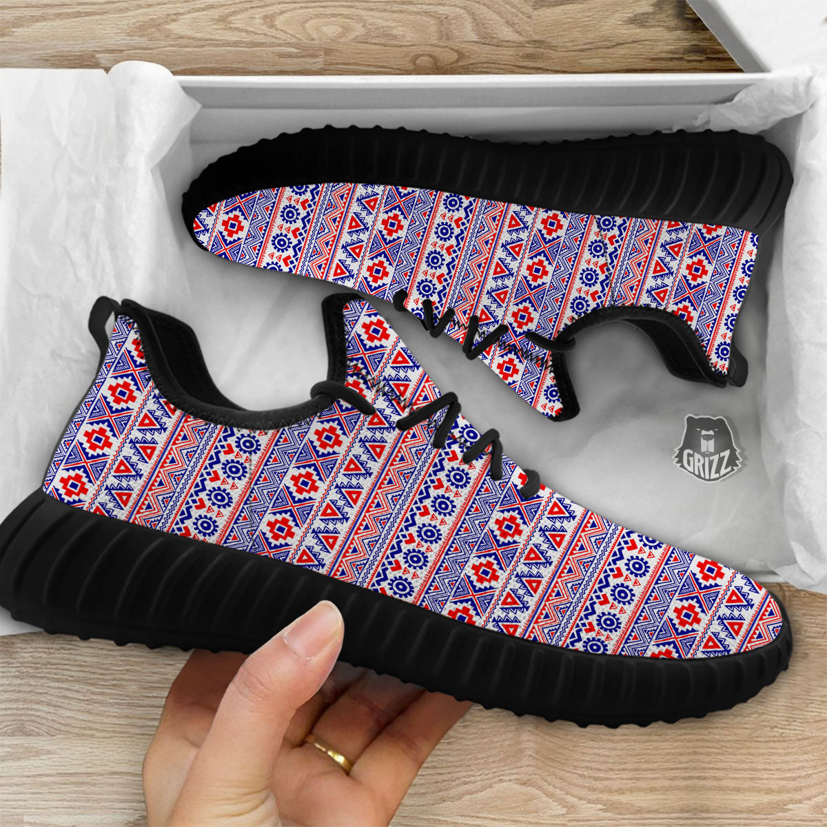 Aztec Red And Blue Print Pattern Black Walking Shoes-grizzshop