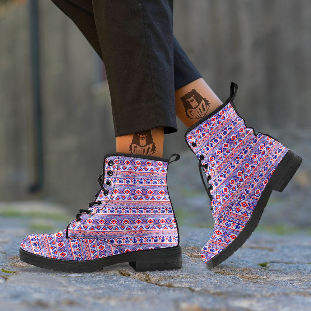 Aztec Red And Blue Print Pattern Leather Boots-grizzshop