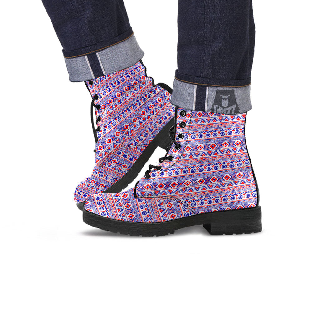 Aztec Red And Blue Print Pattern Leather Boots-grizzshop