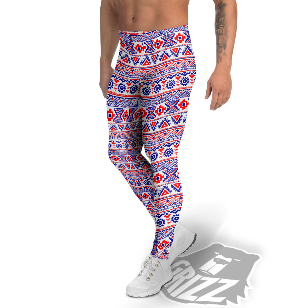 Aztec Red And Blue Print Pattern Men's Leggings-grizzshop
