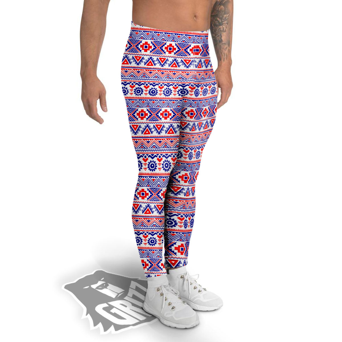 Aztec Red And Blue Print Pattern Men's Leggings-grizzshop
