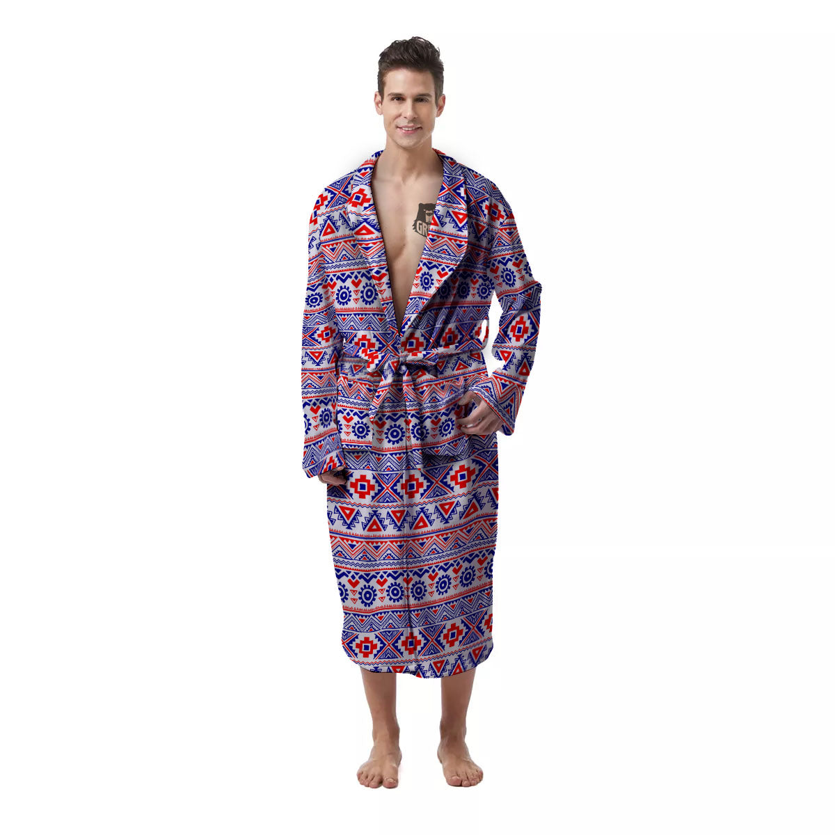 Aztec Red And Blue Print Pattern Men's Robe-grizzshop