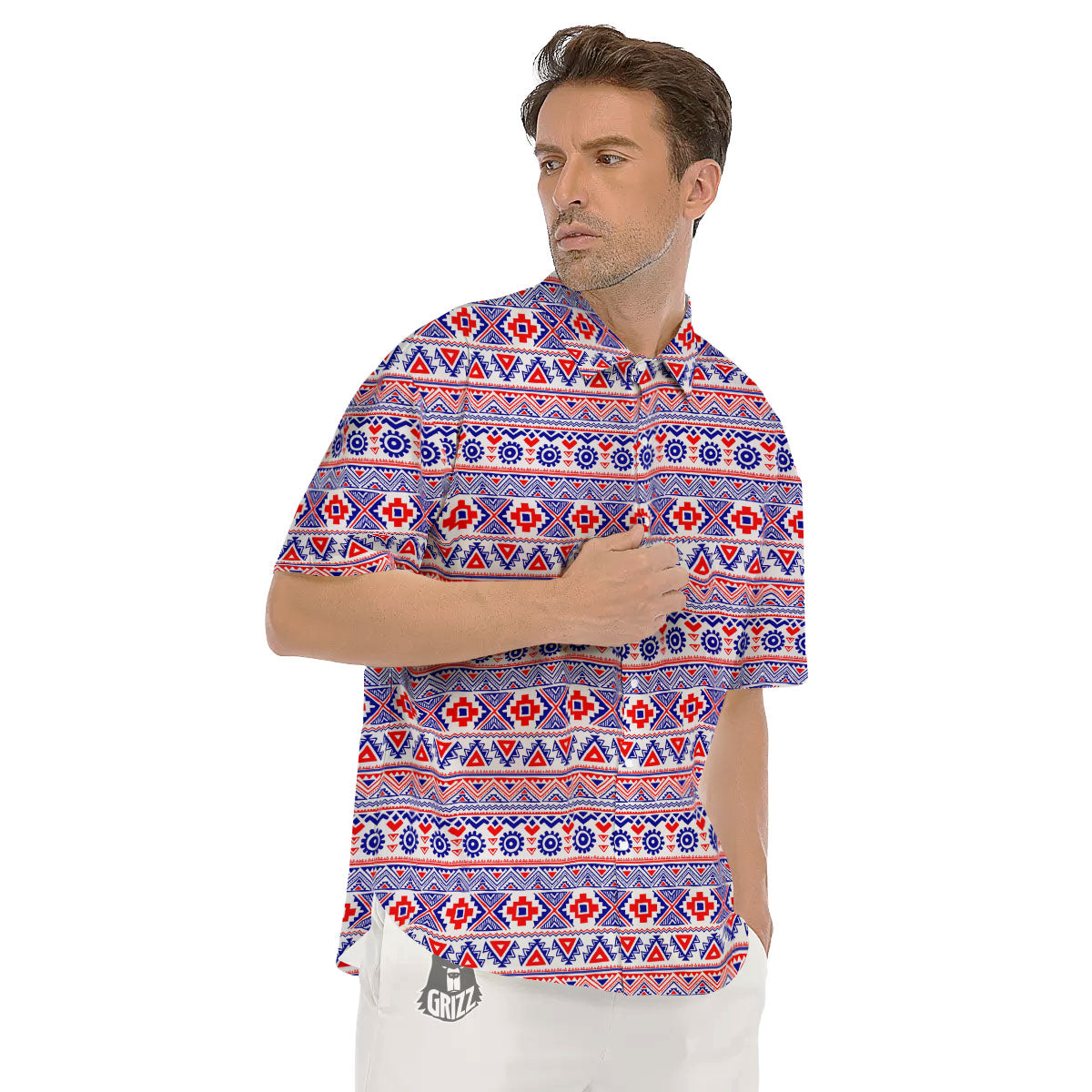 Aztec Red And Blue Print Pattern Men's Short Sleeve Shirts-grizzshop