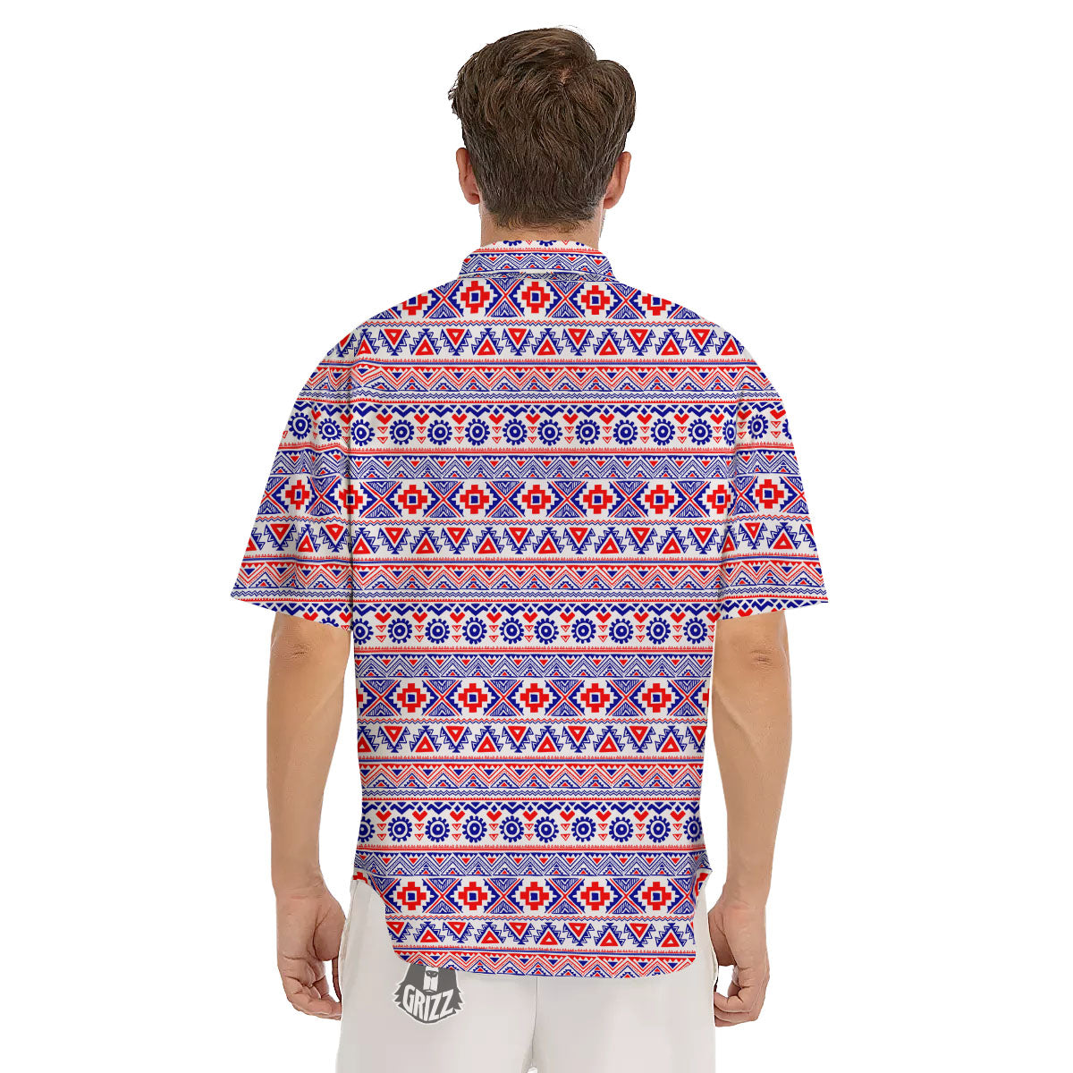 Aztec Red And Blue Print Pattern Men's Short Sleeve Shirts-grizzshop