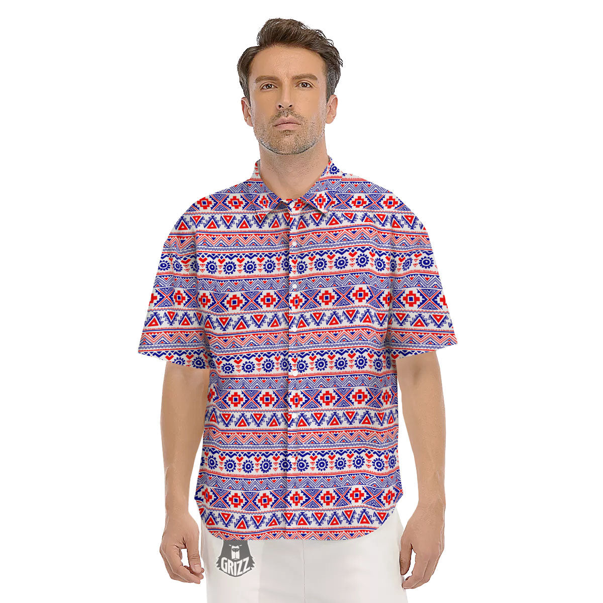 Aztec Red And Blue Print Pattern Men's Short Sleeve Shirts-grizzshop