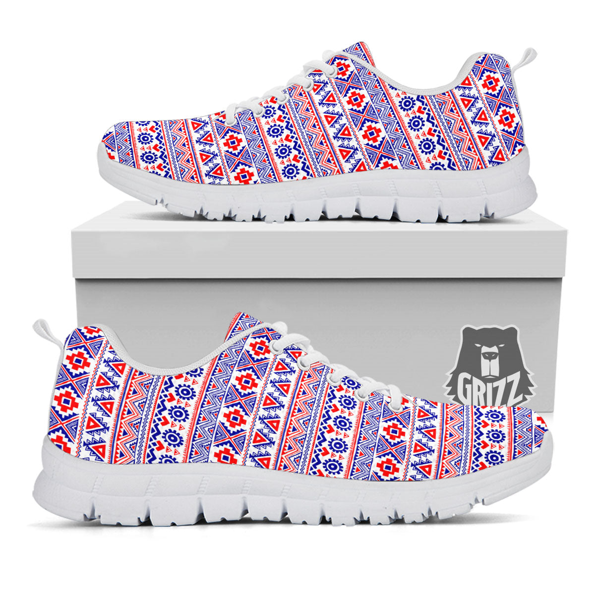 Aztec Red And Blue Print Pattern White Sneaker-grizzshop