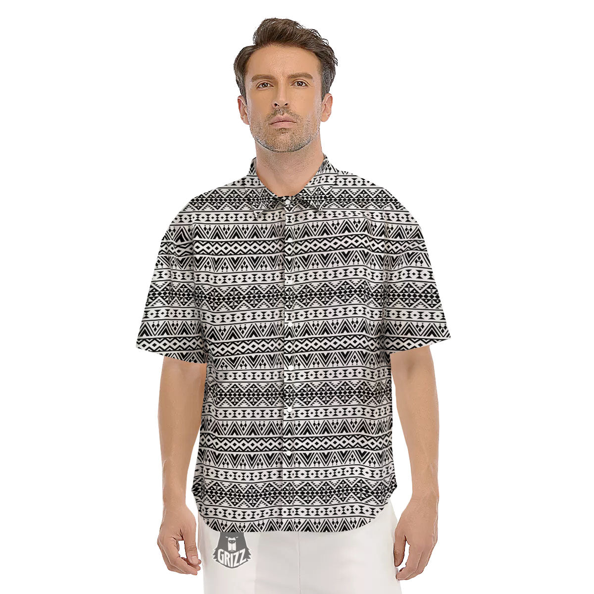 Aztec Texture White And Black Print Pattern Men's Short Sleeve Shirts-grizzshop