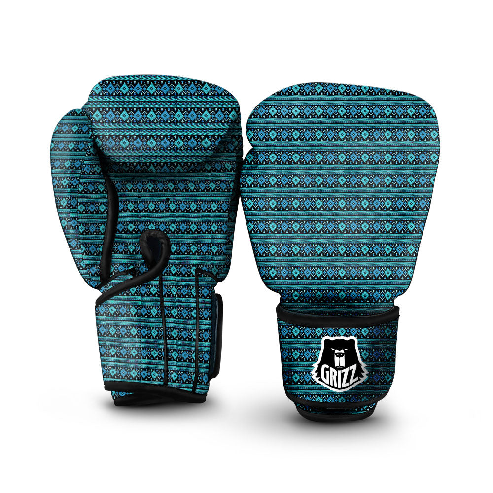 Aztec Tribal Blue Native Print Pattern Boxing Gloves-grizzshop