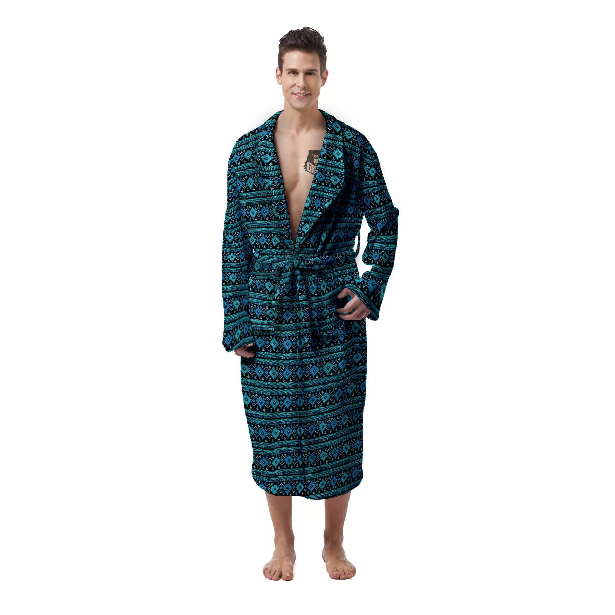 Aztec Tribal Blue Native Print Pattern Men's Robe-grizzshop