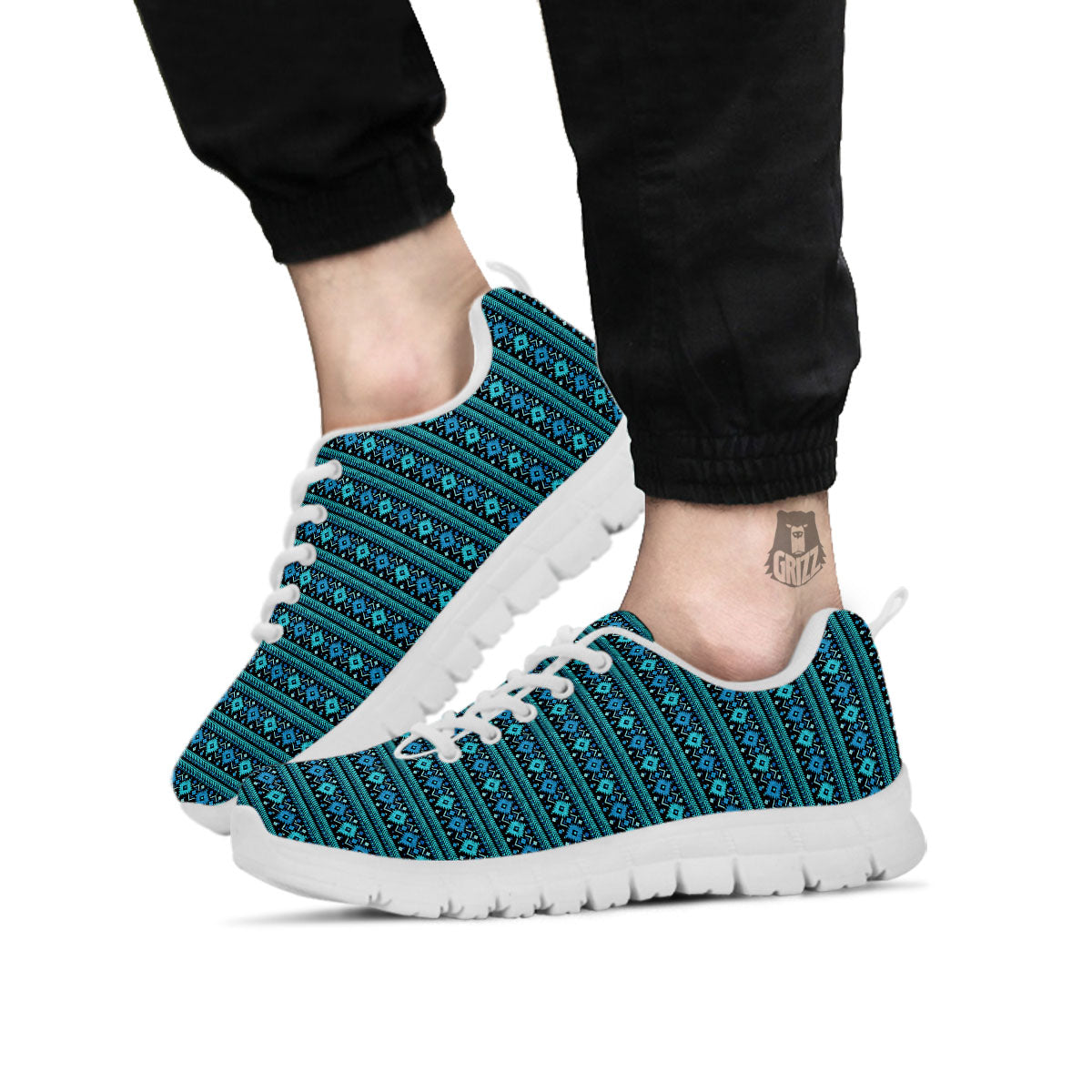 Aztec Tribal Blue Native Print Pattern White Sneaker-grizzshop