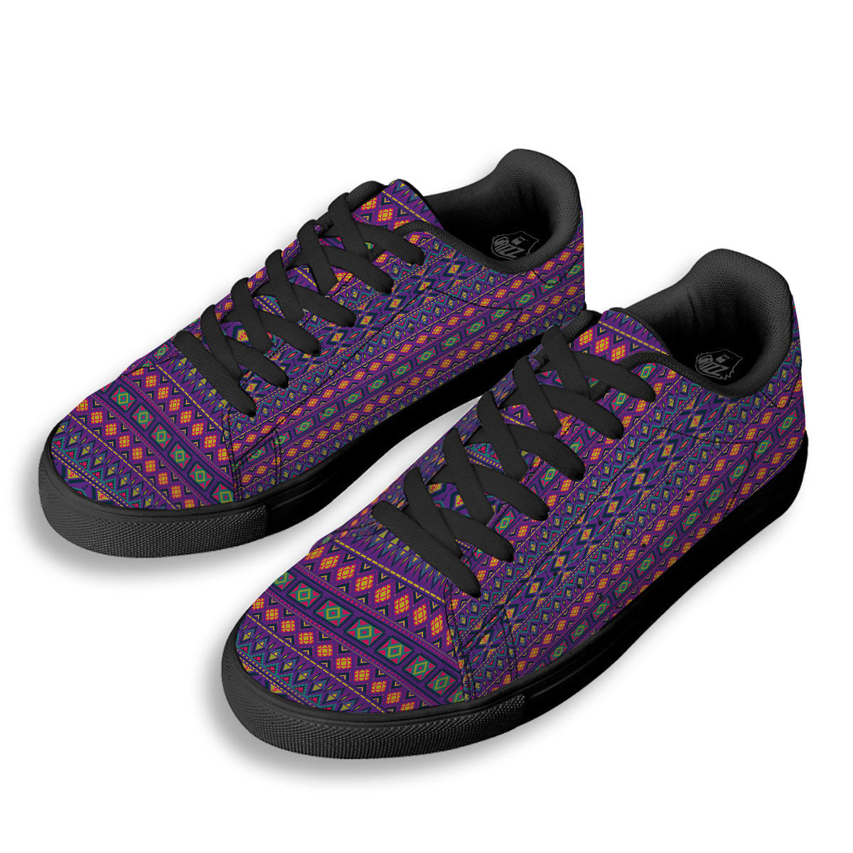Aztec Trippy Neon Ethnic Print Black Low Top Sneakers-grizzshop