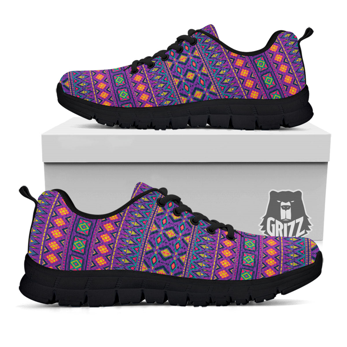 Aztec Trippy Neon Ethnic Print Black Sneaker-grizzshop