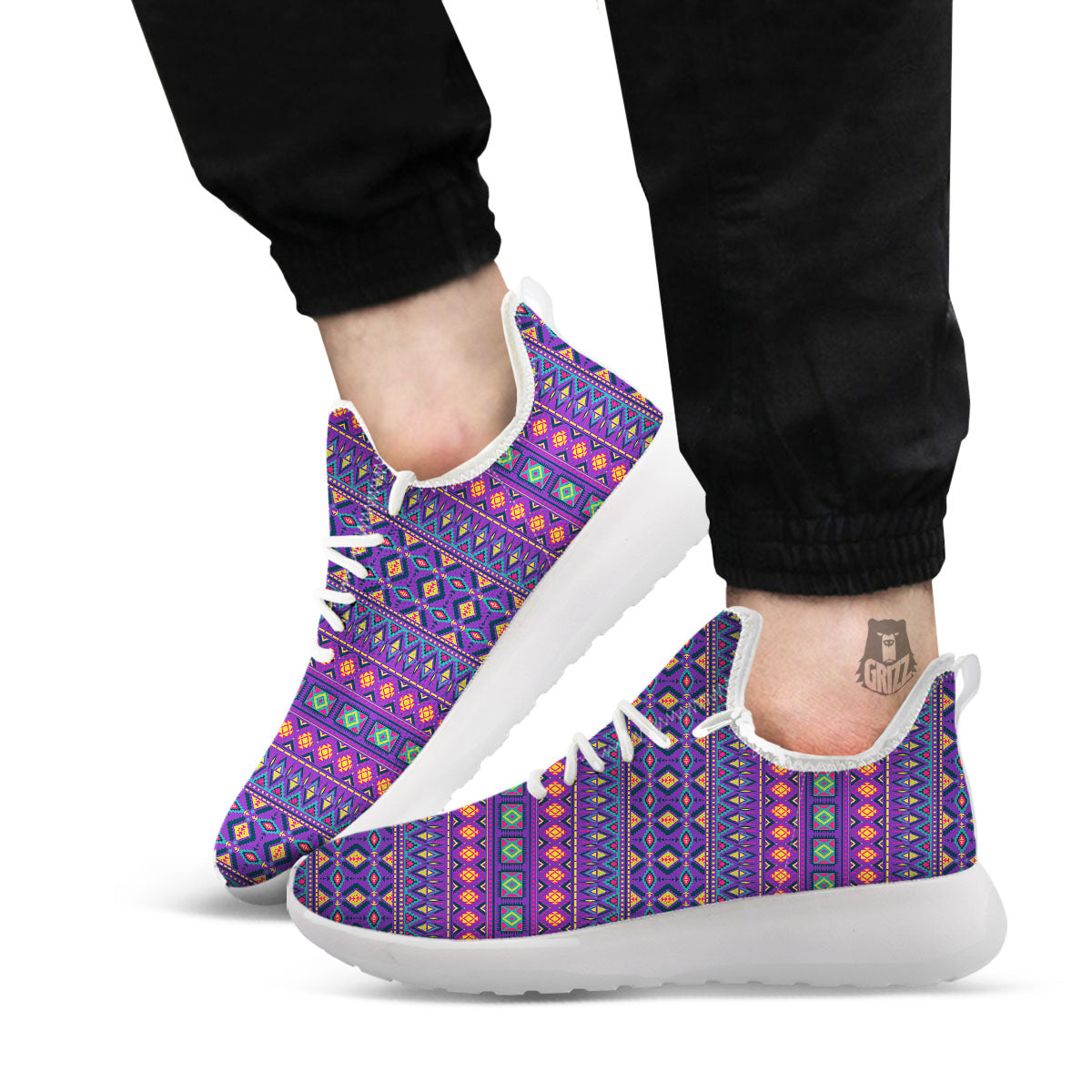 Aztec Trippy Neon Ethnic Print White Athletic Shoes-grizzshop