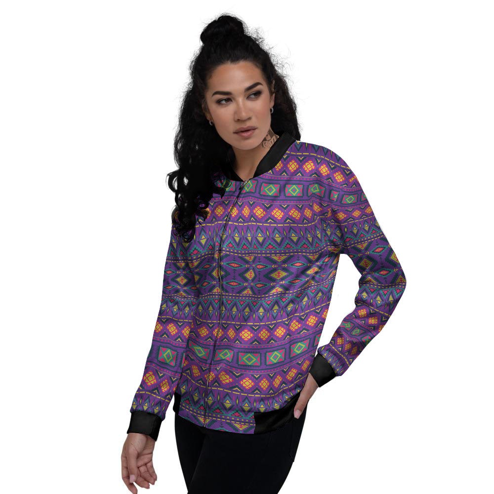 Aztec Trippy Neon Ethnic Print Women's Bomber Jacket-grizzshop