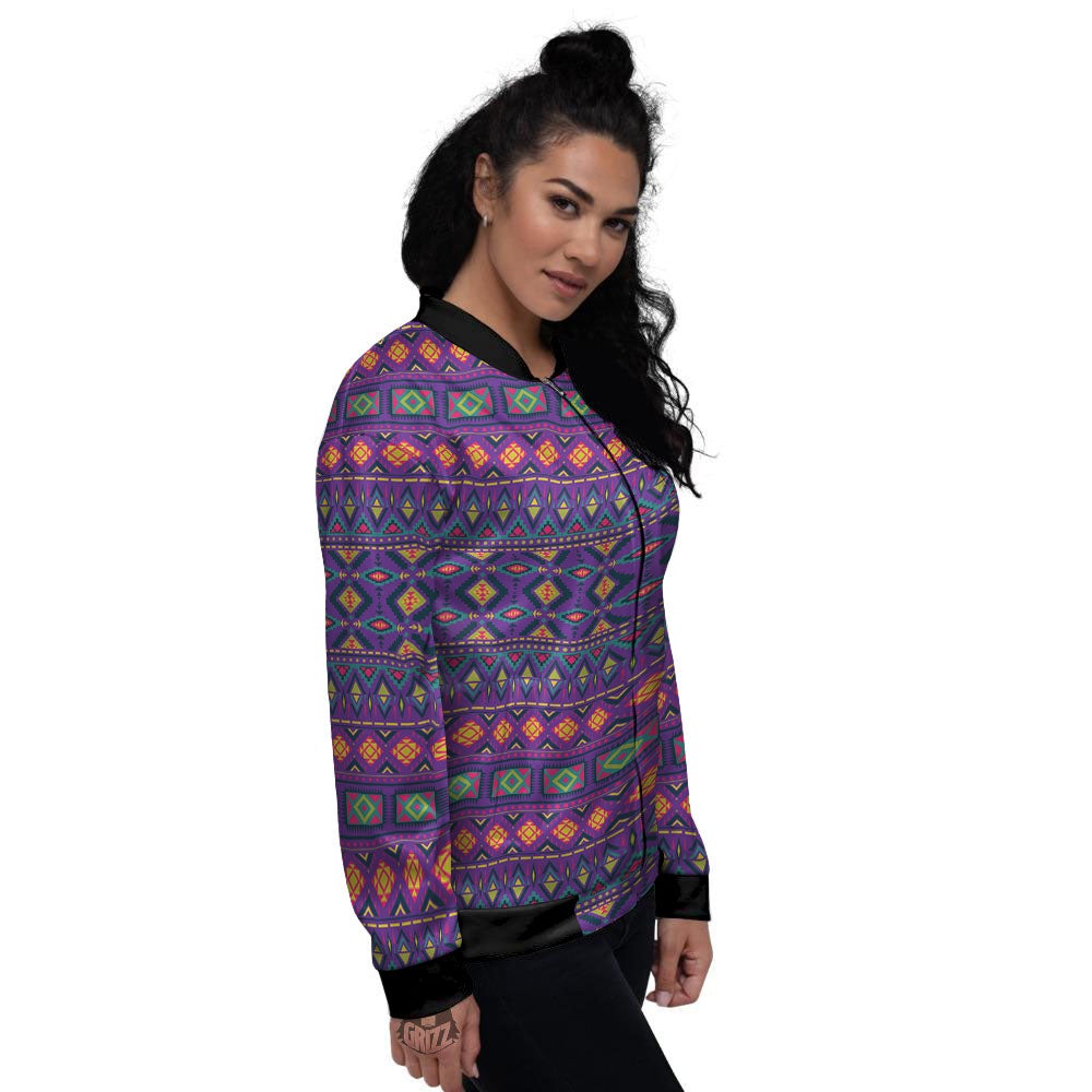 Aztec Trippy Neon Ethnic Print Women's Bomber Jacket-grizzshop