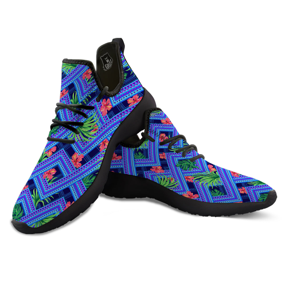 Aztec Tropical Hibiscus Flower Print Pattern Black Athletic Shoes-grizzshop