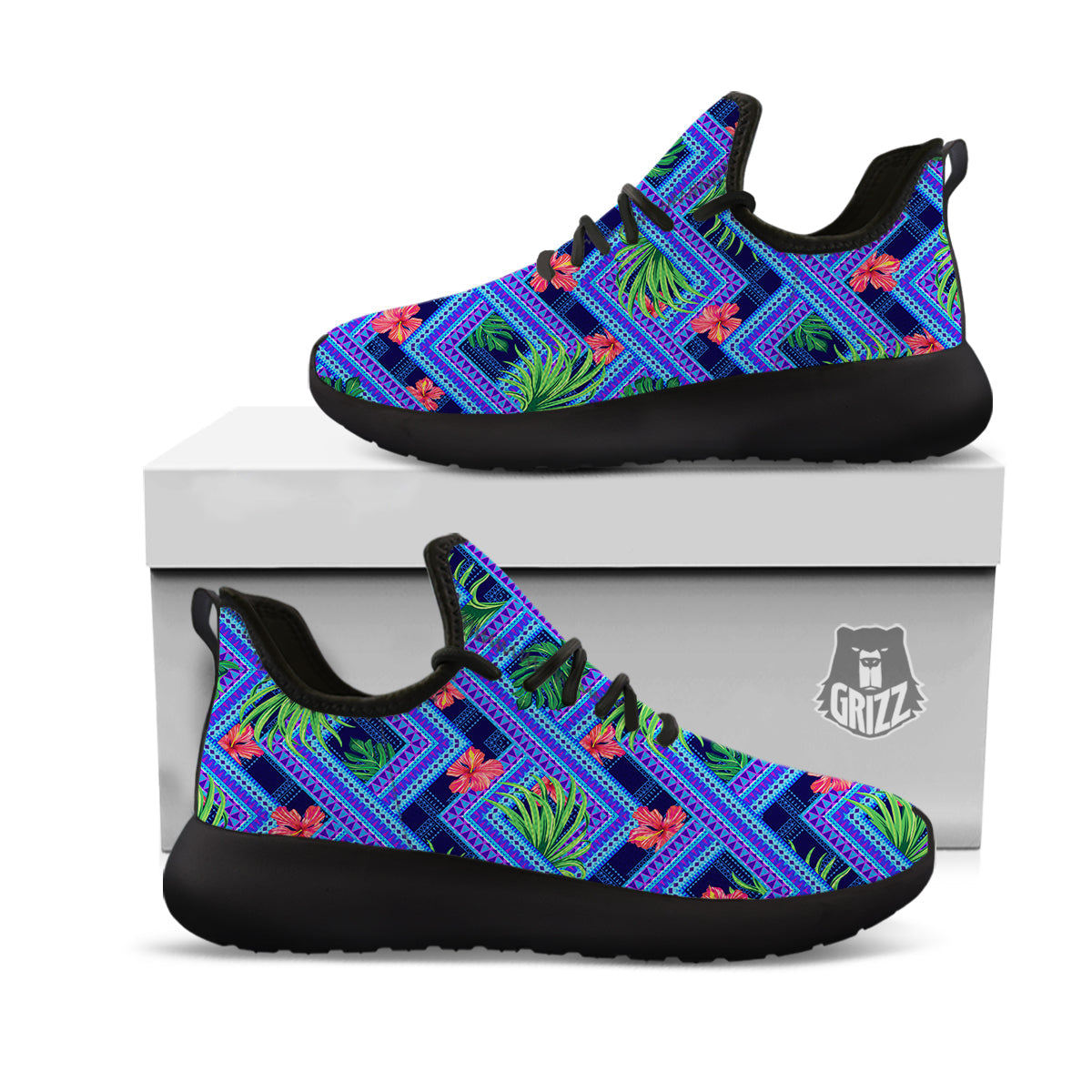 Aztec Tropical Hibiscus Flower Print Pattern Black Athletic Shoes-grizzshop