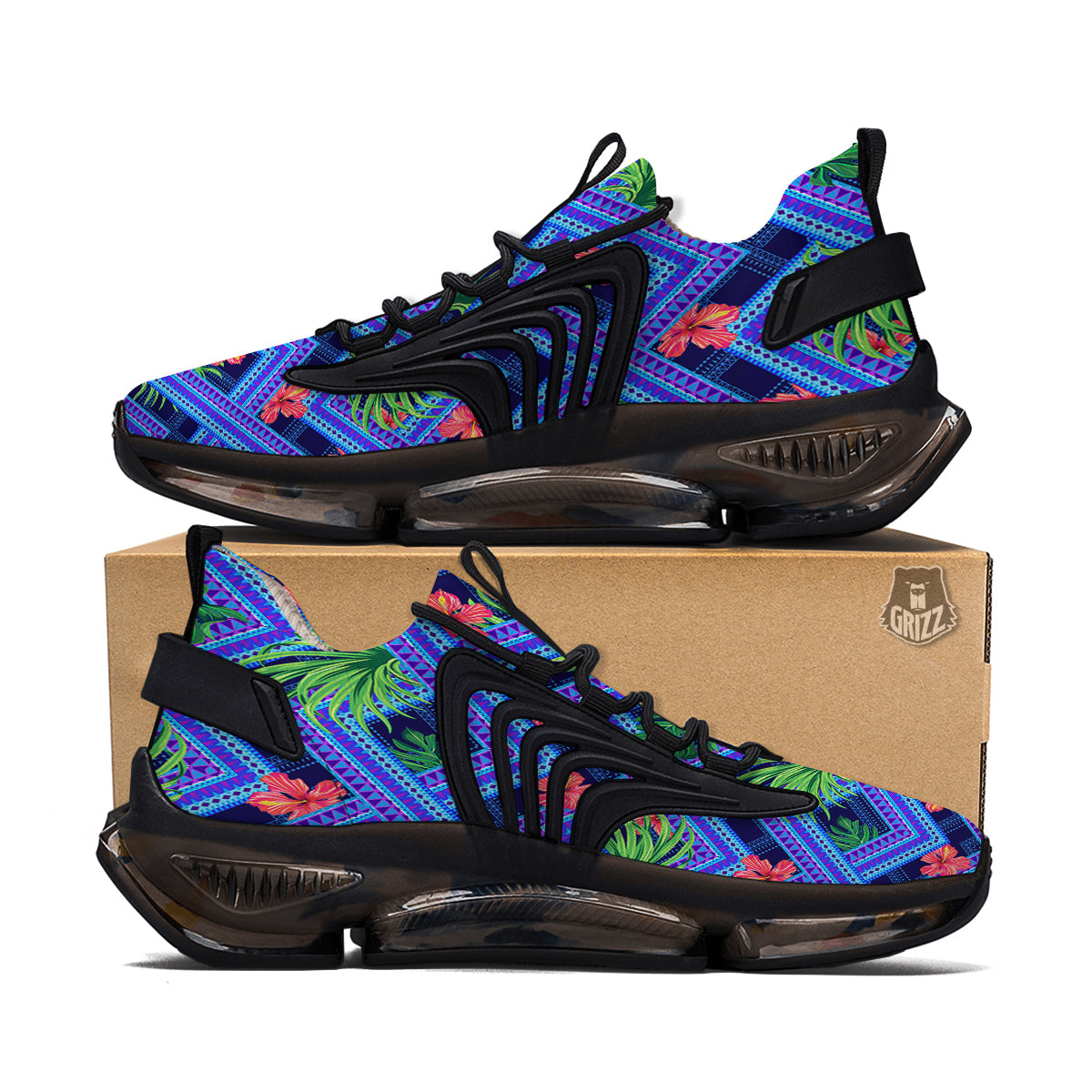 Aztec Tropical Hibiscus Flower Print Pattern Black Gym Shoes-grizzshop