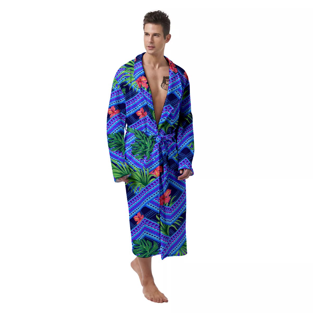 Aztec Tropical Hibiscus Flower Print Pattern Men's Robe-grizzshop
