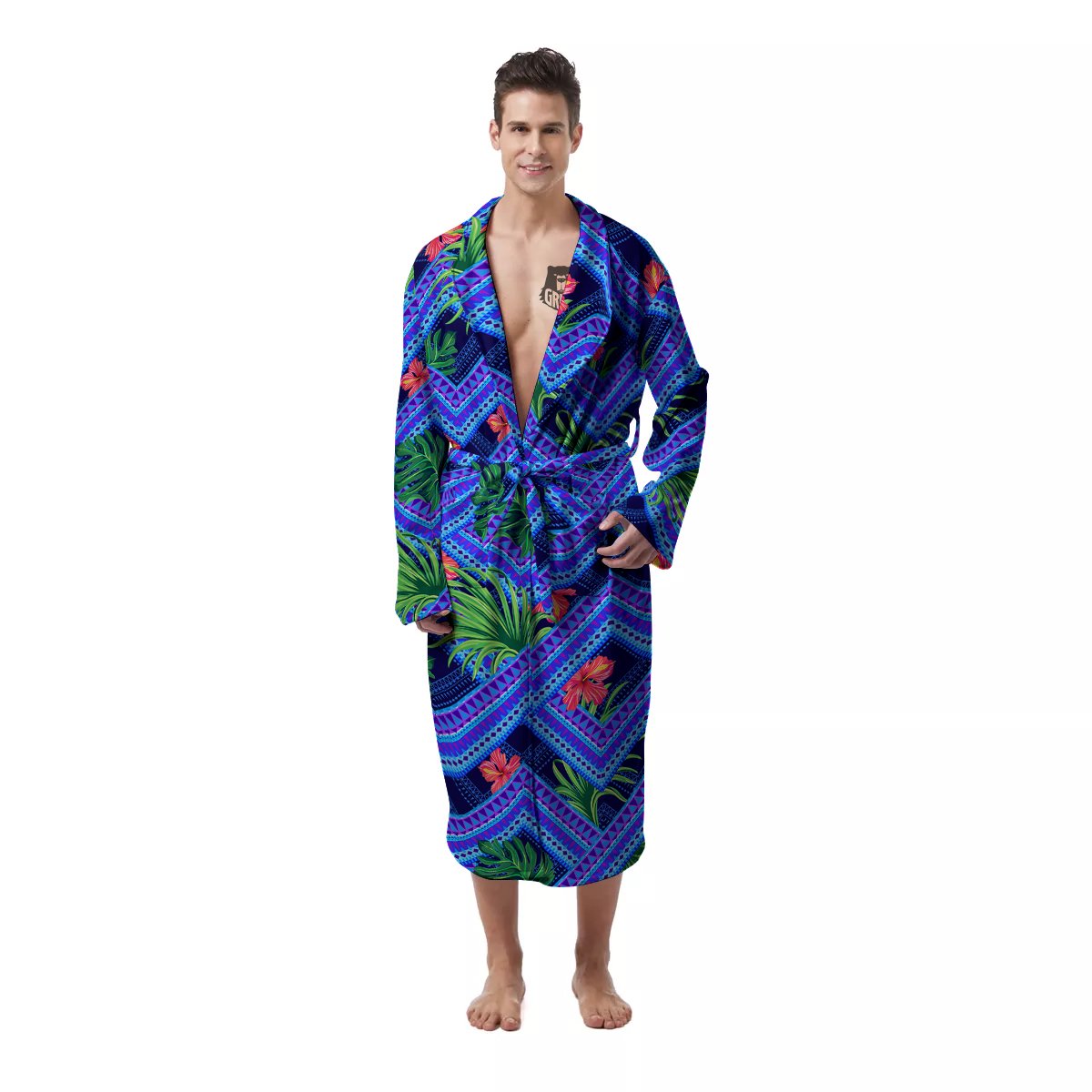 Aztec Tropical Hibiscus Flower Print Pattern Men's Robe-grizzshop
