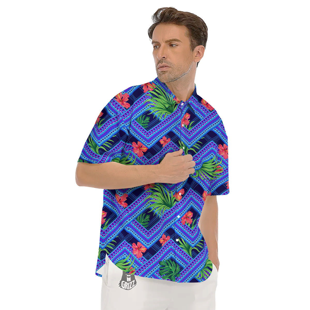 Aztec Tropical Hibiscus Flower Print Pattern Men's Short Sleeve Shirts-grizzshop