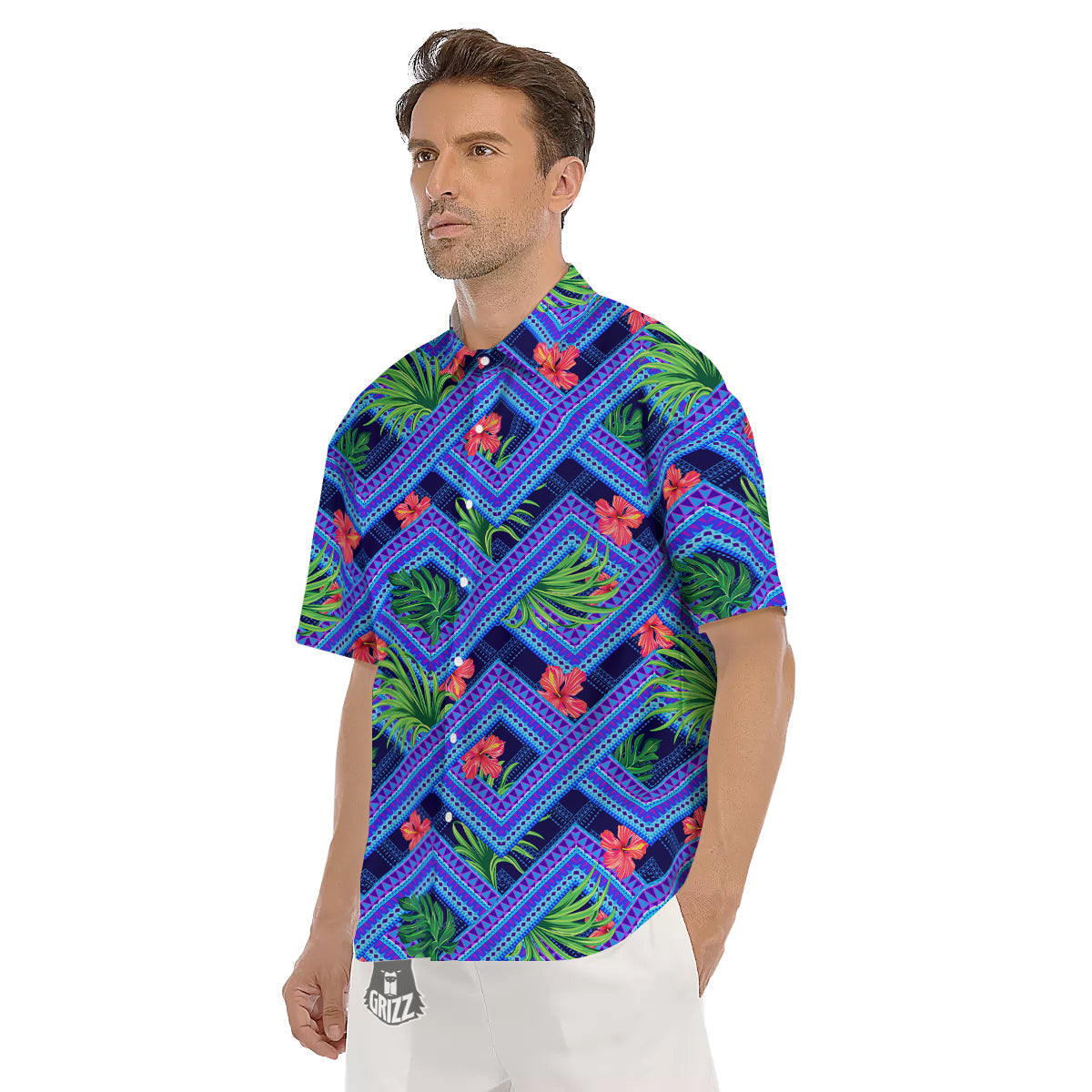 Aztec Tropical Hibiscus Flower Print Pattern Men's Short Sleeve Shirts-grizzshop