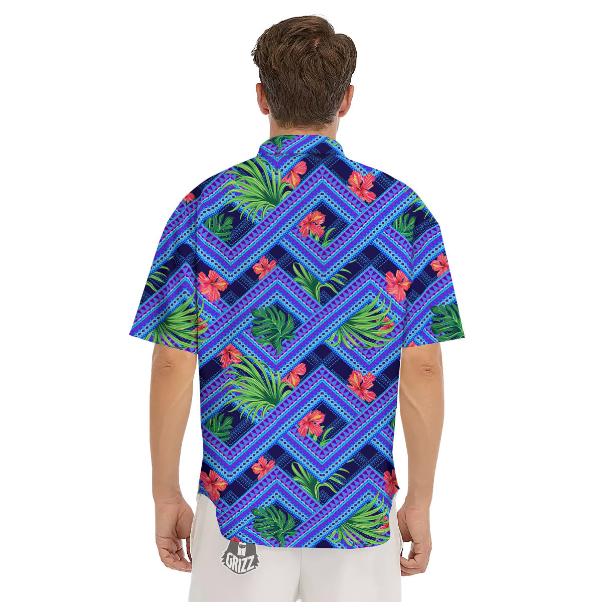 Aztec Tropical Hibiscus Flower Print Pattern Men's Short Sleeve Shirts-grizzshop