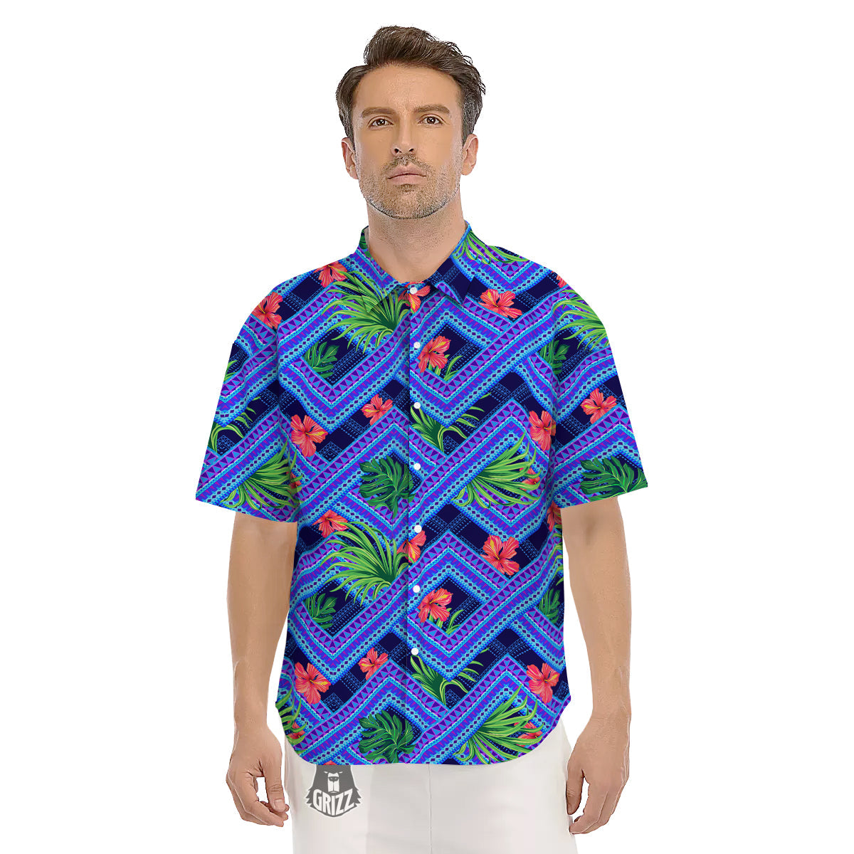 Aztec Tropical Hibiscus Flower Print Pattern Men's Short Sleeve Shirts-grizzshop