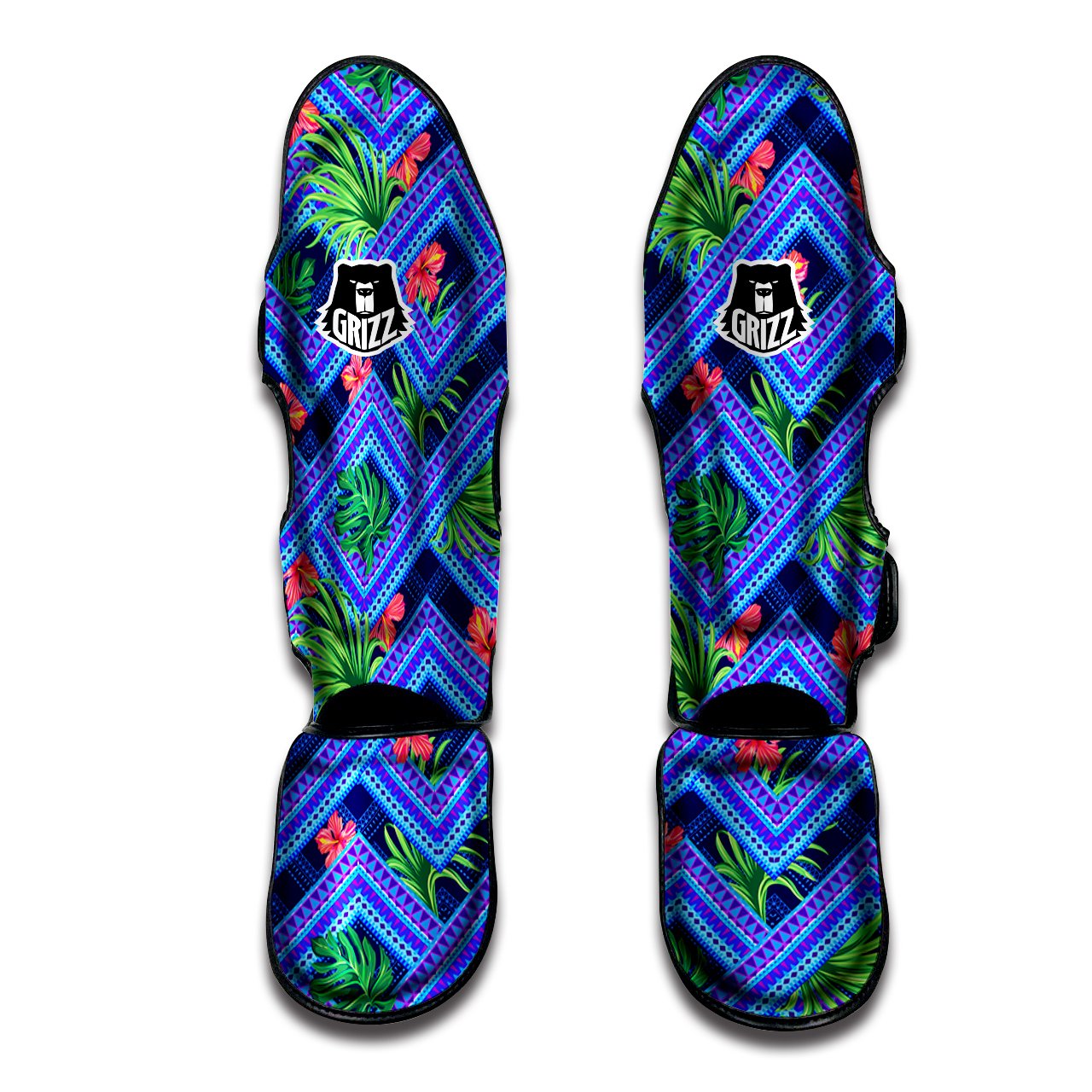 Aztec Tropical Hibiscus Flower Print Pattern Muay Thai Shin Guards-grizzshop