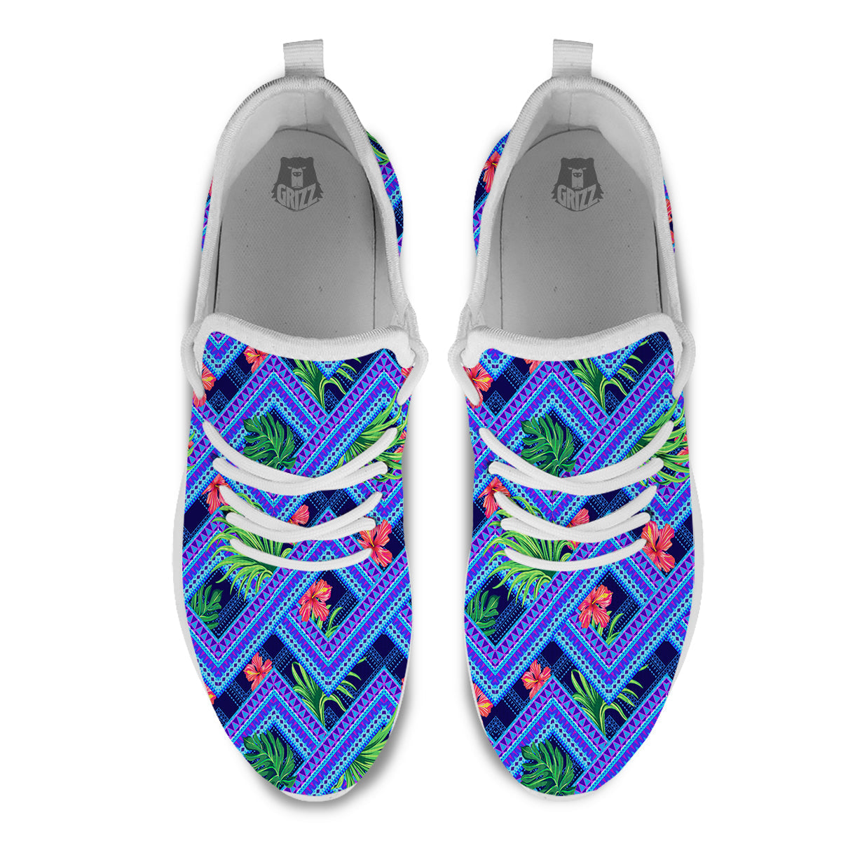 Aztec Tropical Hibiscus Flower Print Pattern White Athletic Shoes-grizzshop