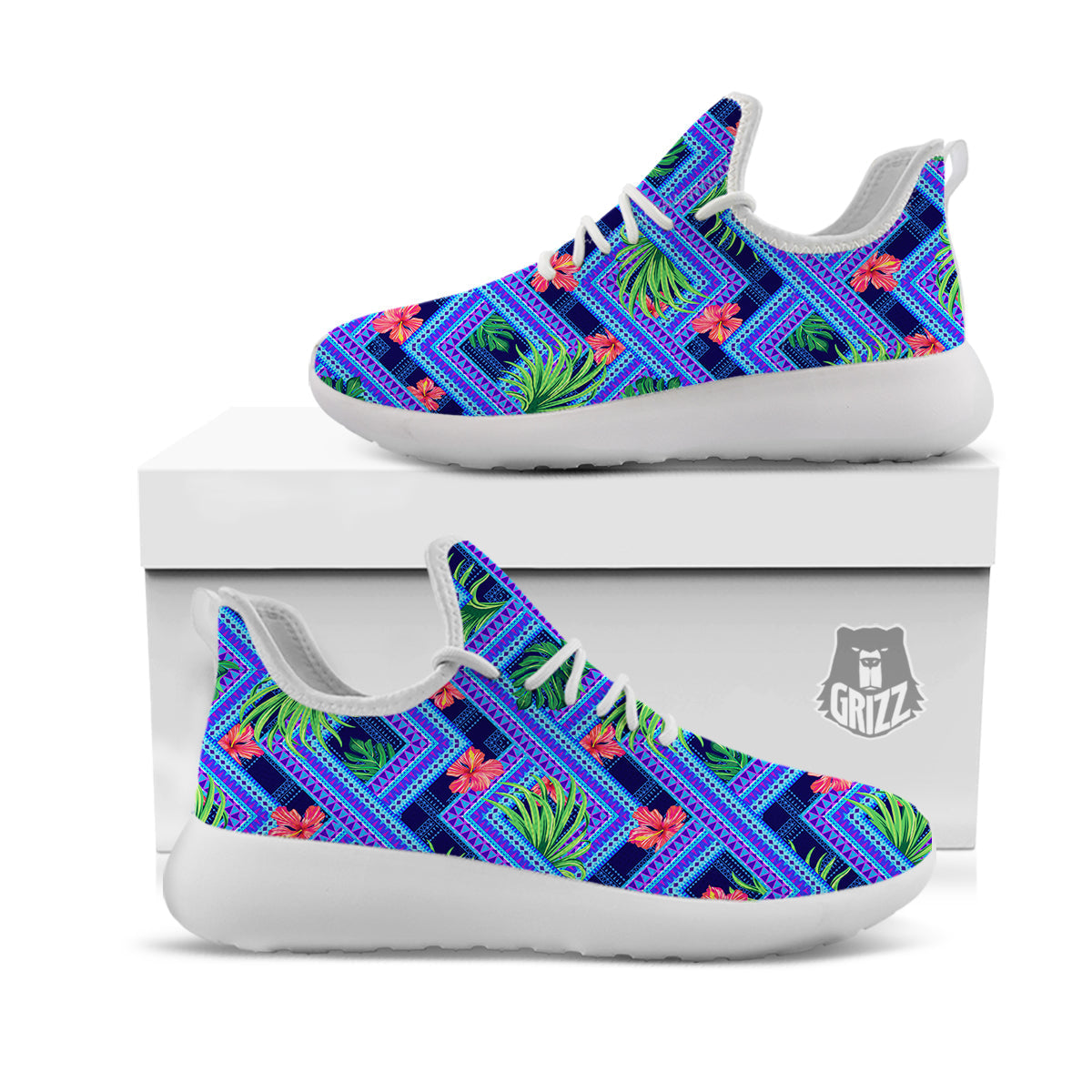 Aztec Tropical Hibiscus Flower Print Pattern White Athletic Shoes-grizzshop