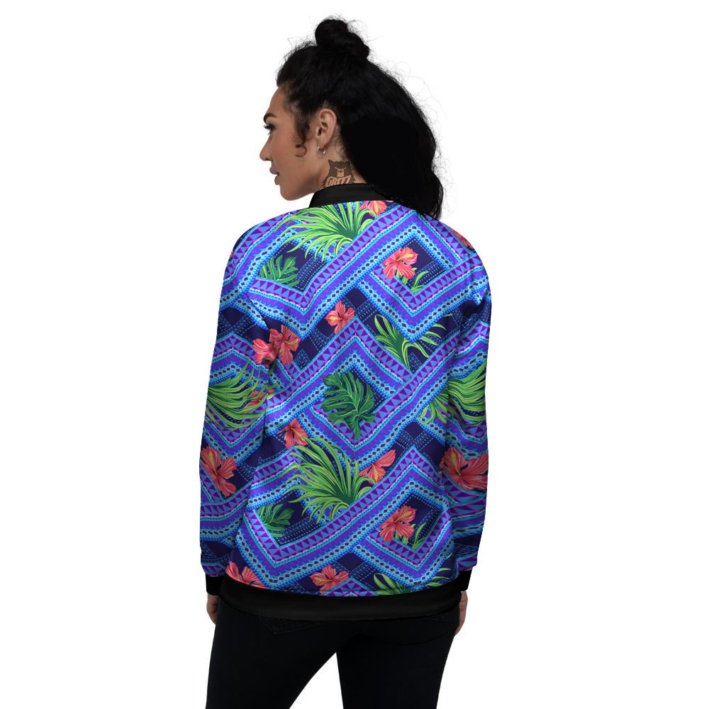 Aztec Tropical Hibiscus Flower Print Pattern Women's Bomber Jacket-grizzshop
