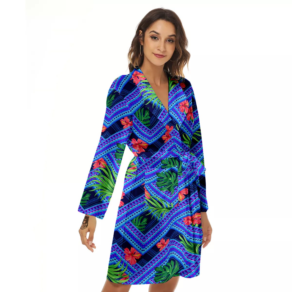 Aztec Tropical Hibiscus Flower Print Pattern Women's Robe-grizzshop