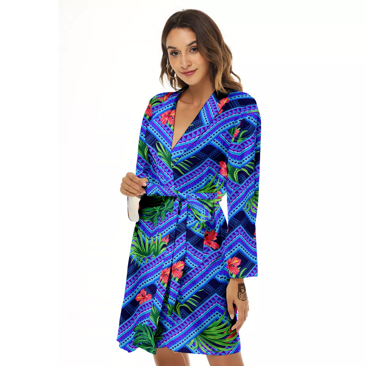 Aztec Tropical Hibiscus Flower Print Pattern Women's Robe-grizzshop