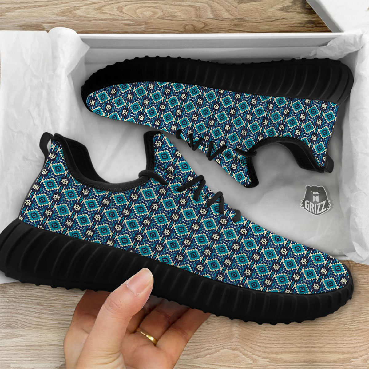 Aztec Turquoise And Blue Print Pattern Black Walking Shoes-grizzshop