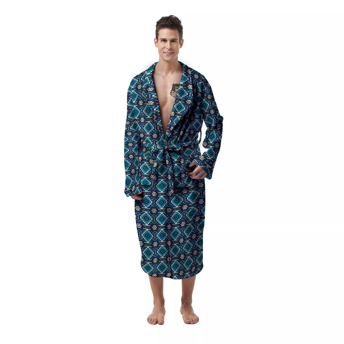 Aztec Turquoise And Blue Print Pattern Men's Robe-grizzshop