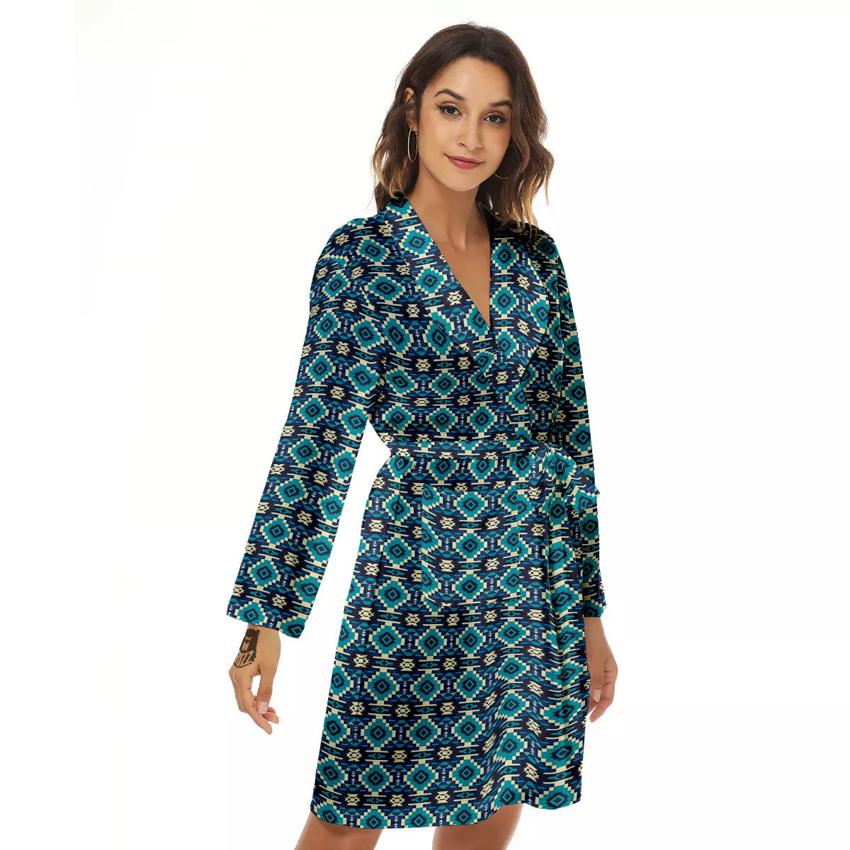 Aztec Turquoise And Blue Print Pattern Women's Robe-grizzshop