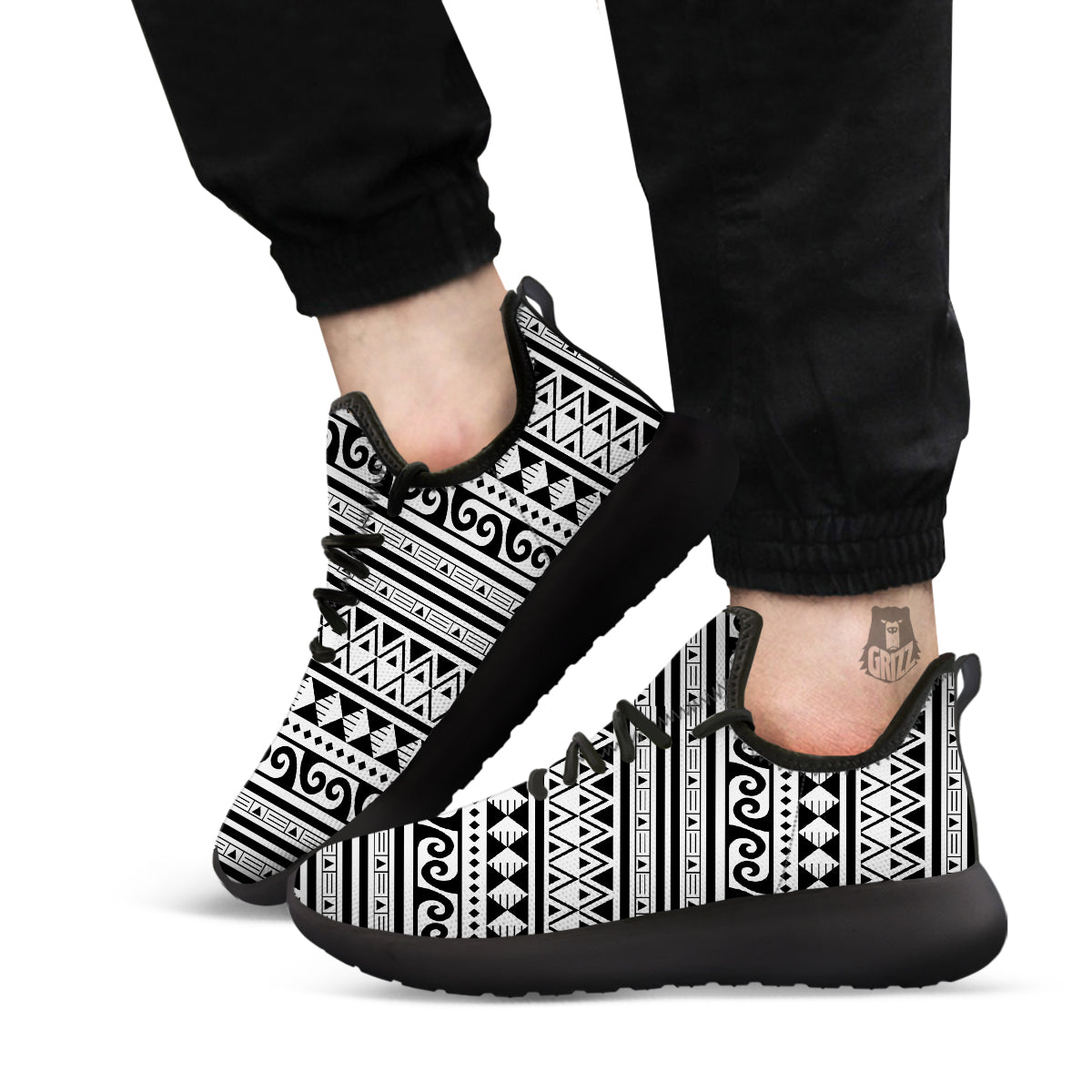 Aztec White And Black Print Pattern Black Athletic Shoes-grizzshop