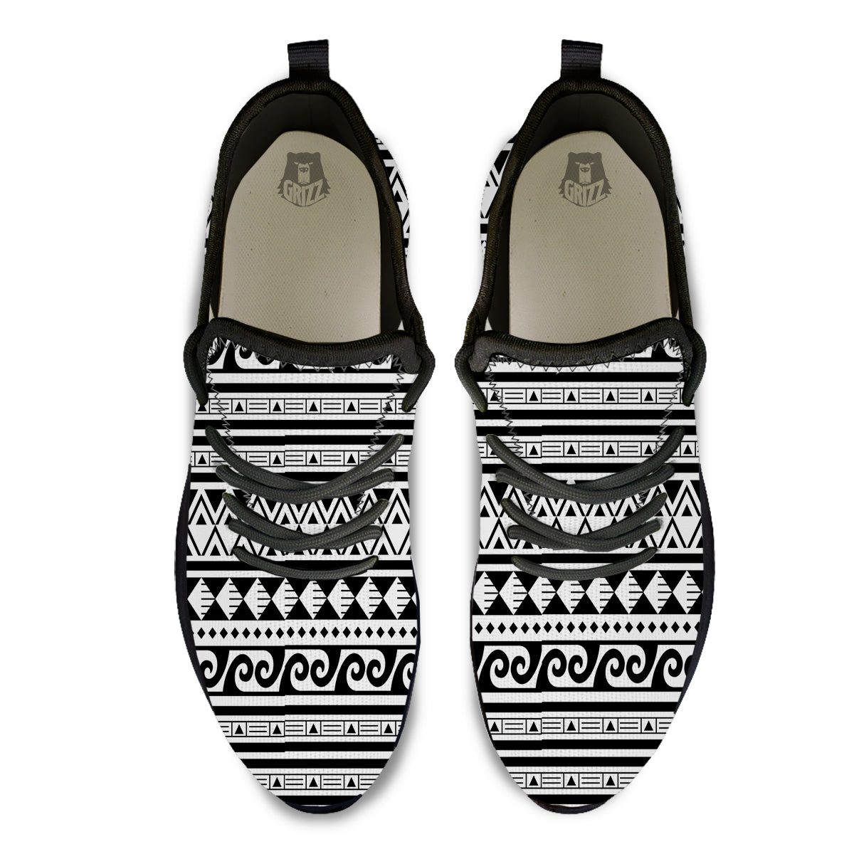 Aztec White And Black Print Pattern Black Athletic Shoes-grizzshop