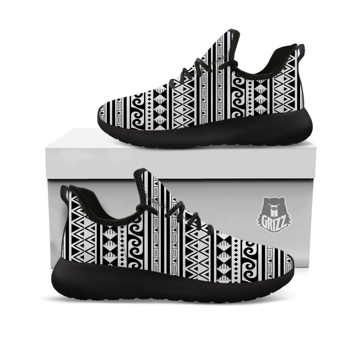 Aztec White And Black Print Pattern Black Athletic Shoes-grizzshop