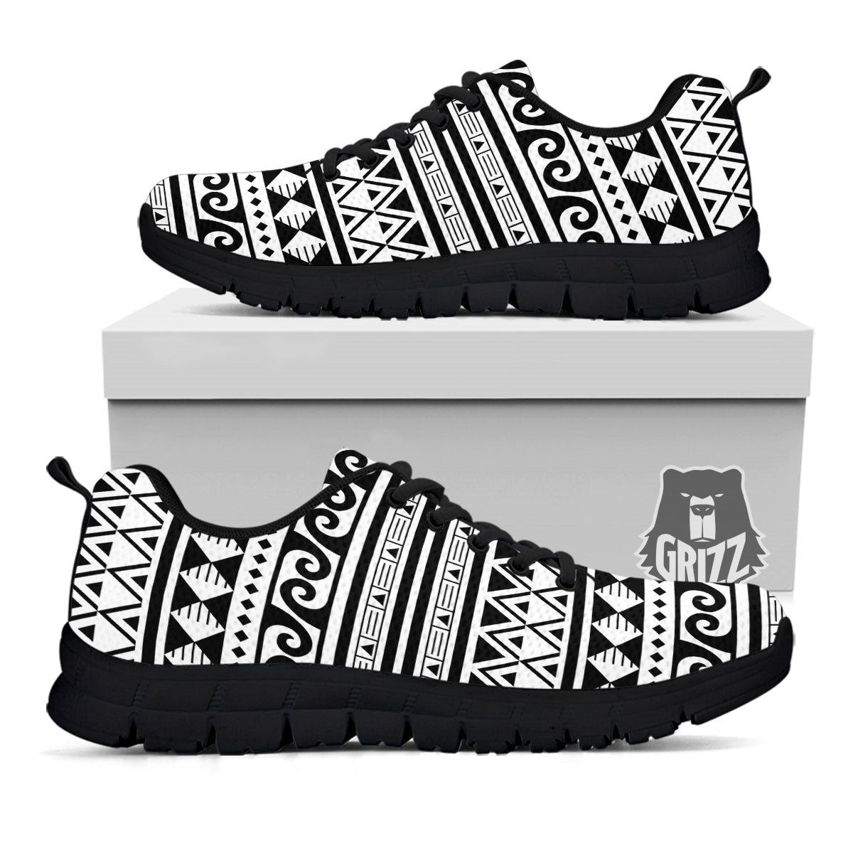 Aztec White And Black Print Pattern Black Sneaker-grizzshop