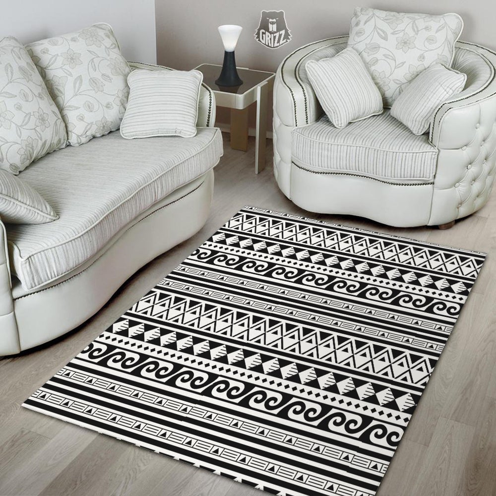 Aztec White And Black Print Pattern Floor Mat-grizzshop