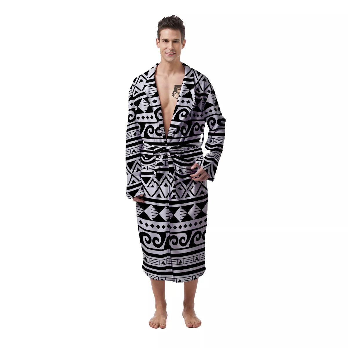 Aztec White And Black Print Pattern Men's Robe-grizzshop