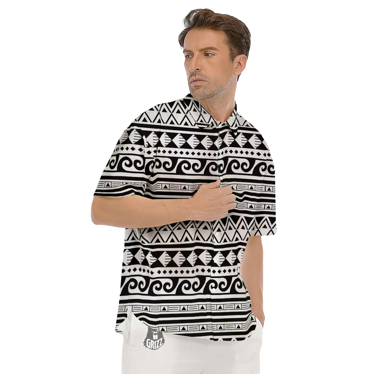 Aztec White And Black Print Pattern Men's Short Sleeve Shirts-grizzshop