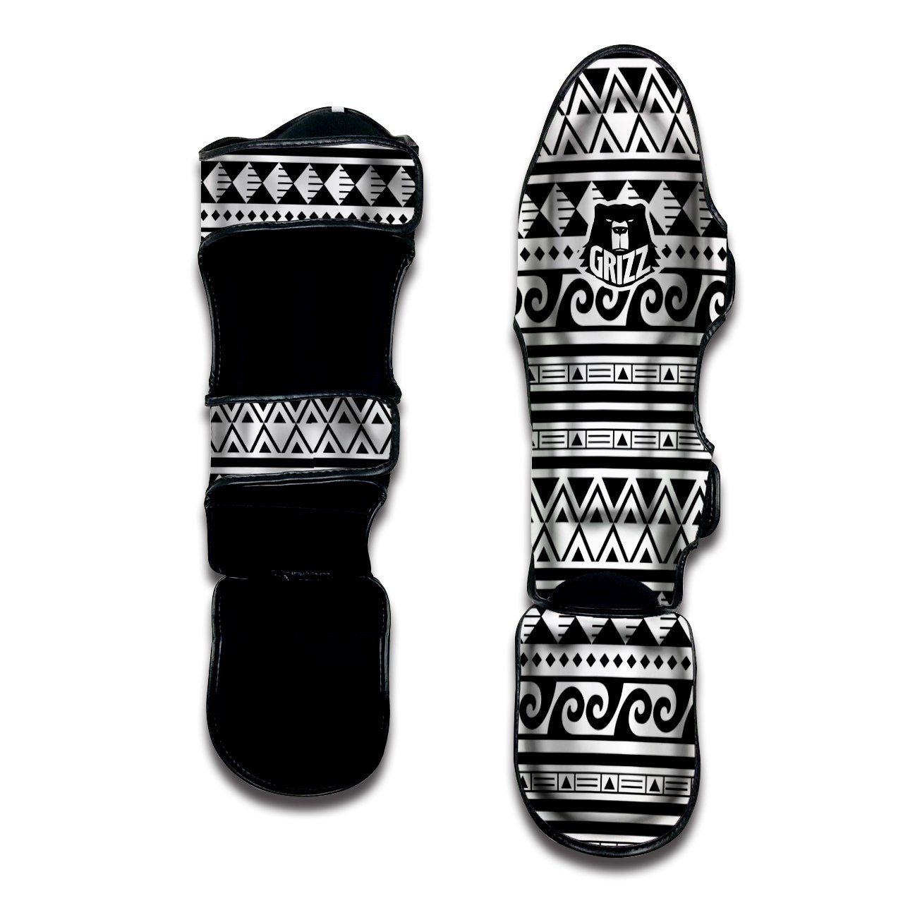 Aztec White And Black Print Pattern Muay Thai Shin Guards-grizzshop