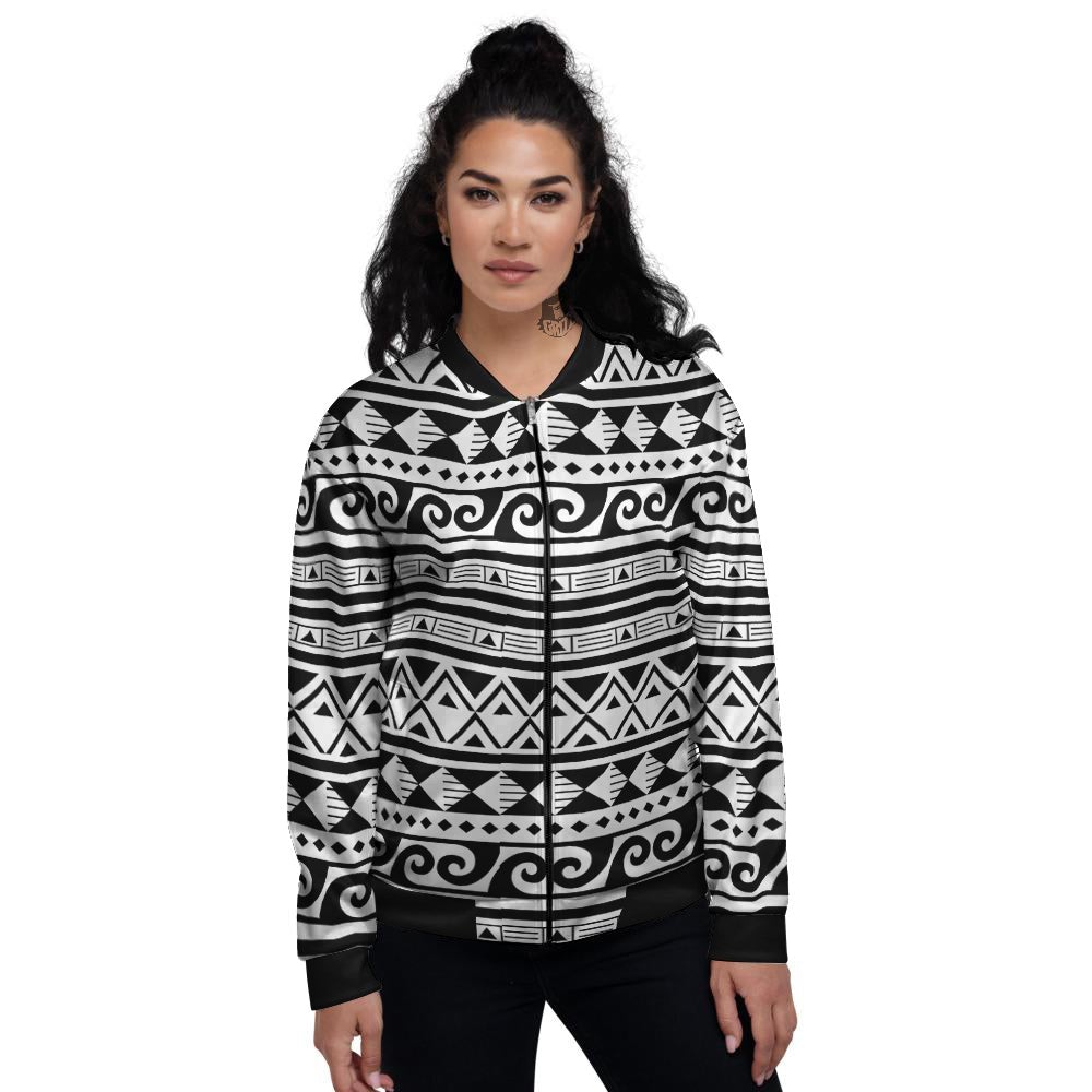 Aztec White And Black Print Pattern Women's Bomber Jacket-grizzshop